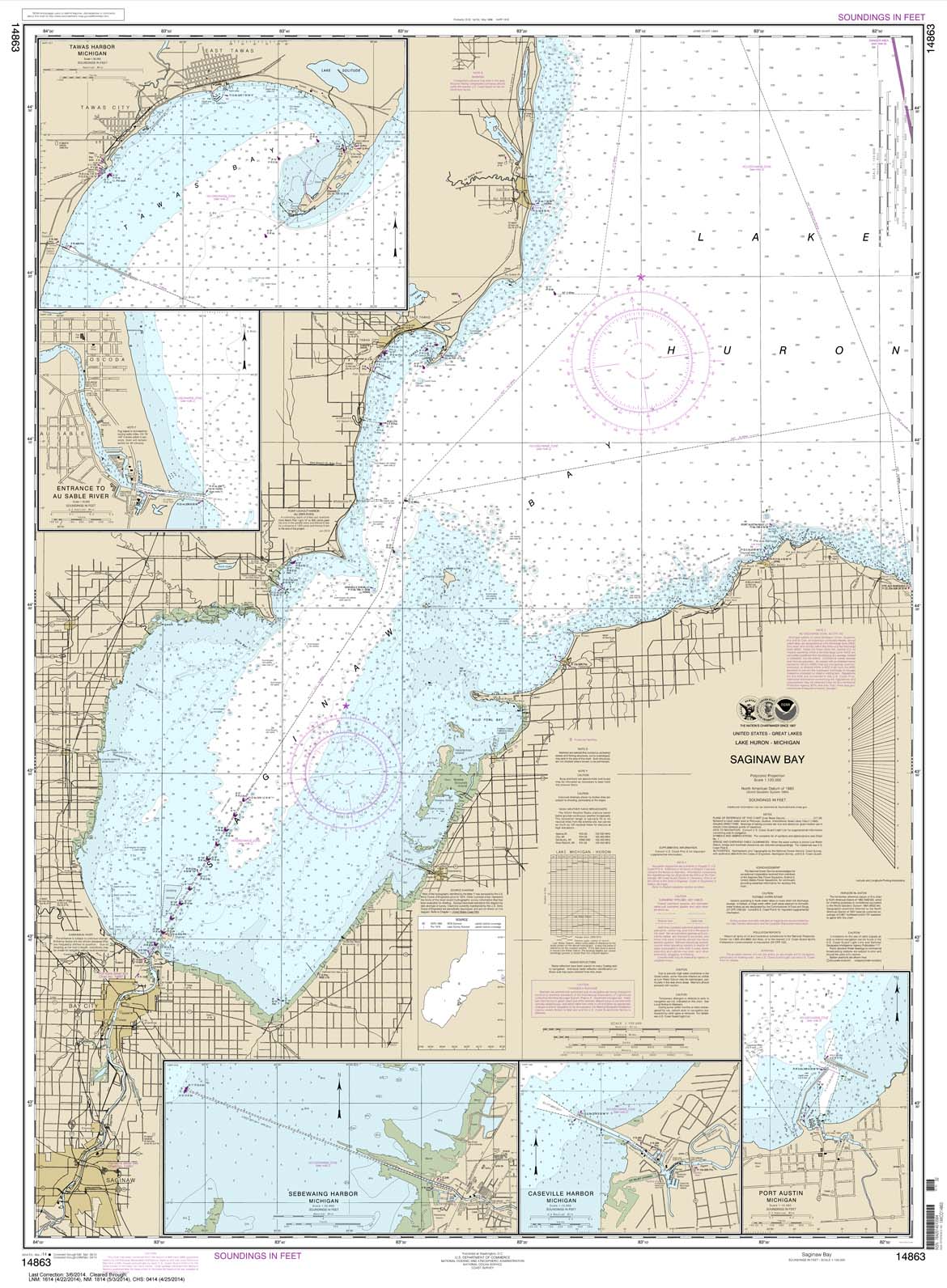 HISTORICAL NOAA Chart 14863: Saginaw Bay;Port Austin Harbor;Caseville Harbor;Entrance to Au Sable River;Sebewaing Harbor;Tawas Harbor