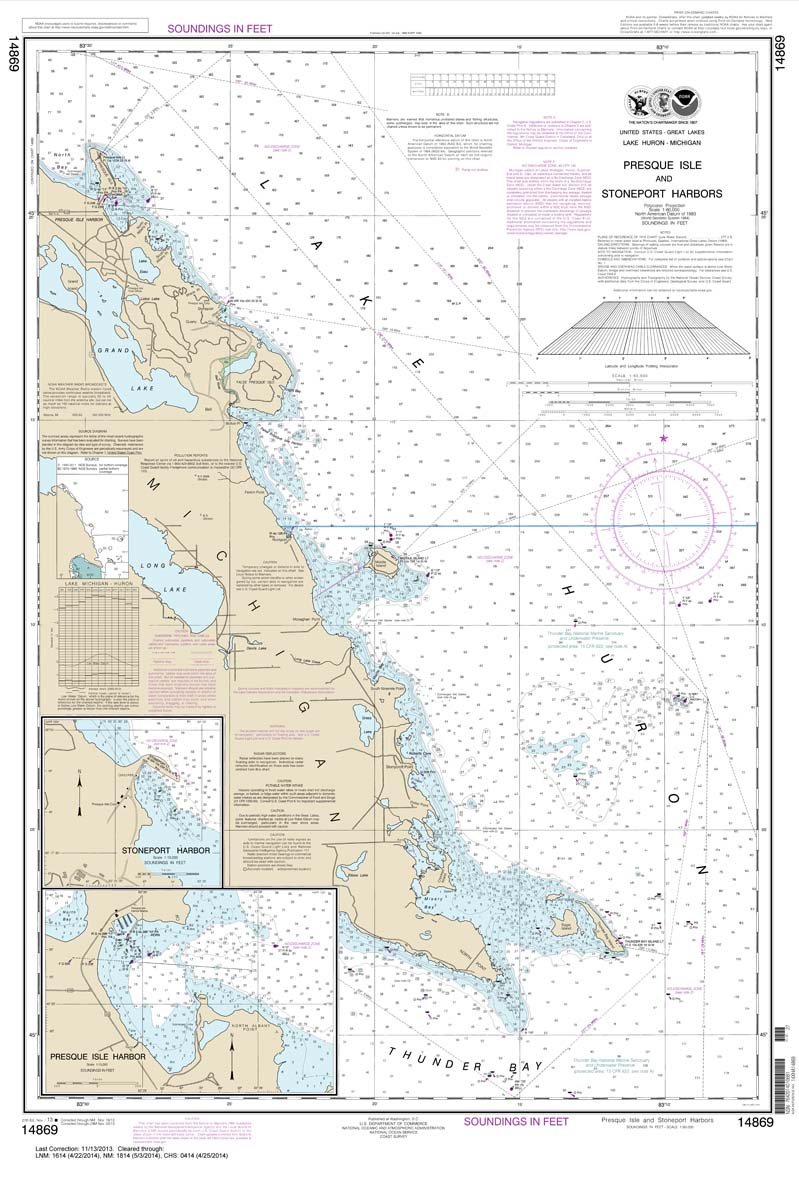 HISTORICAL NOAA Chart 14869: Thunder Bay Island to Presque Isle;Stoneport Harbor;Resque Isle Harbor
