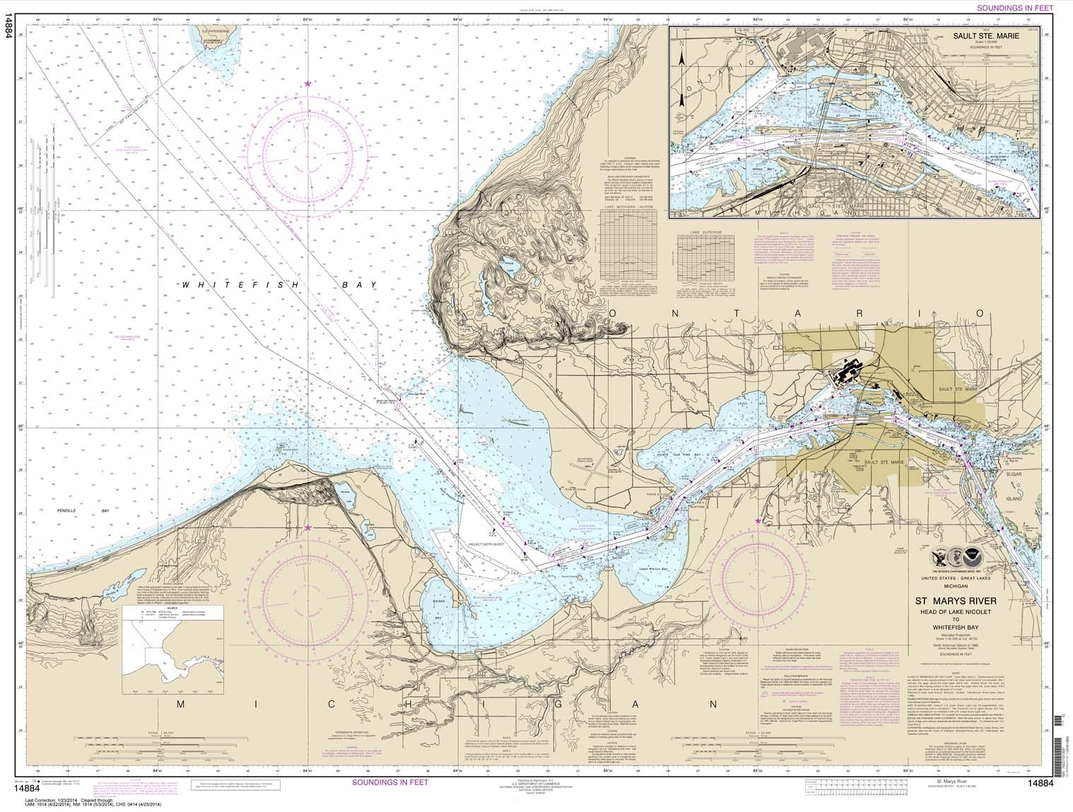 HISTORICAL NOAA Chart 14884: St. Marys River - Head of Lake Nicolet to Whitefish Bay;Sault Ste. Marie