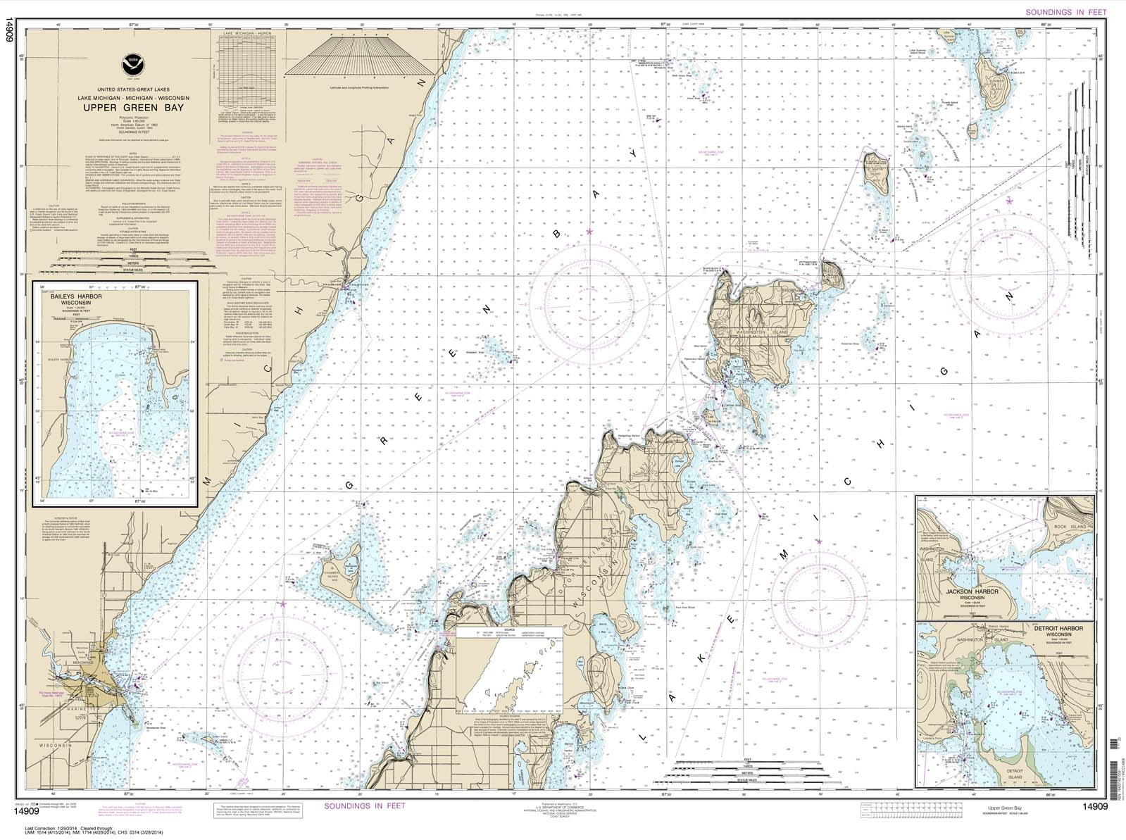 HISTORICAL NOAA Chart 14909: Upper Green Bay - Jackson Harbor and Detroit Harbor;Detroit Harbor;Jackson Harbor;Baileys Harbor