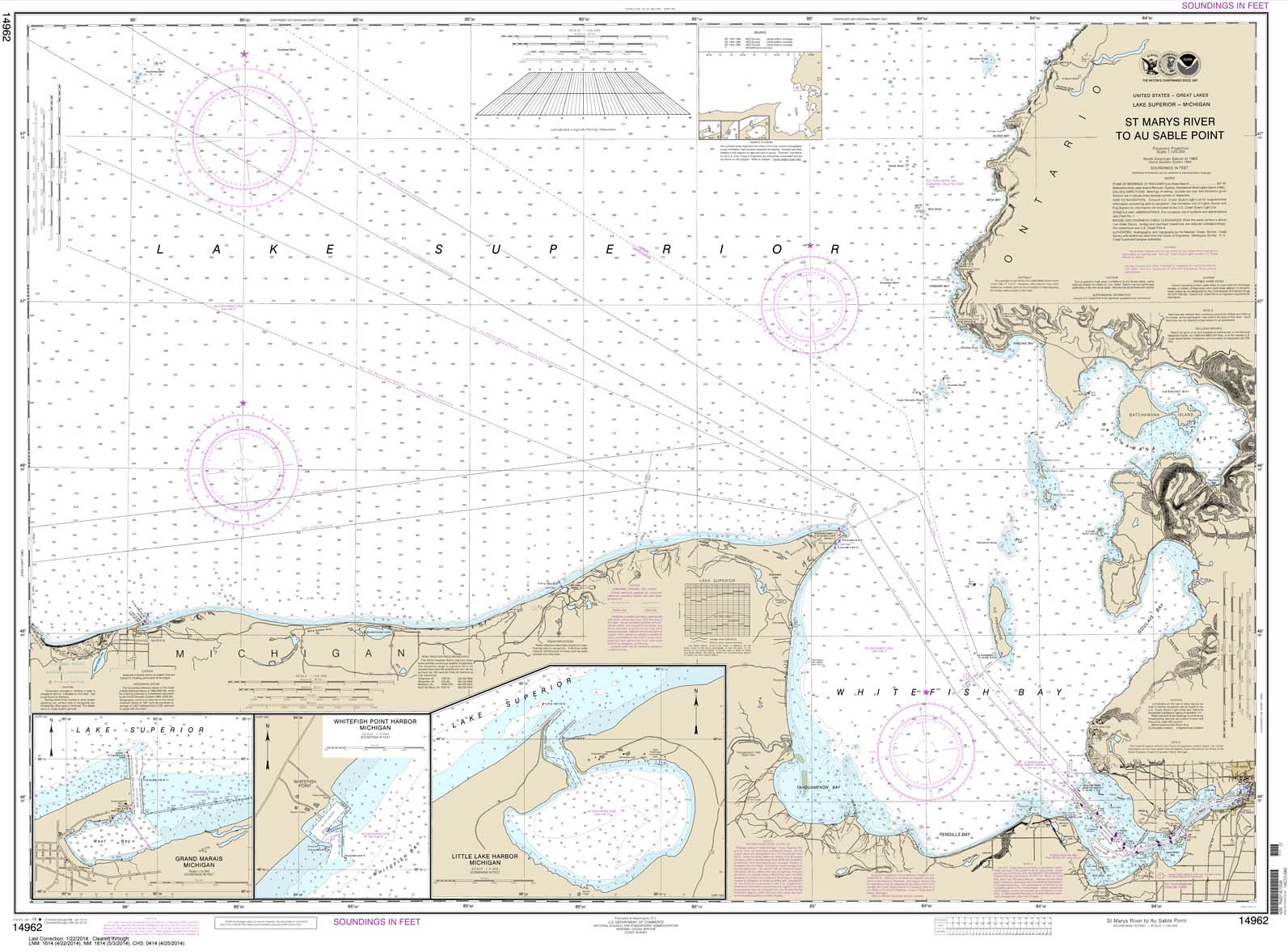 HISTORICAL NOAA Chart 14962: St. Marys River to Au Sable Point;Whitefish Point;Little Lake Harbors;Grand Marais Harbor