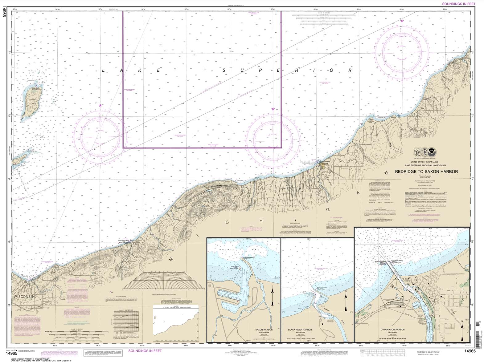 HISTORICAL NOAA Chart 14965: Redridge to Saxon Harbor;Ontonagon harbor;Black River Harbor;Saxon Harbor