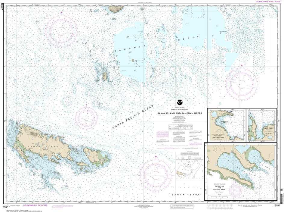 HISTORICAL NOAA Chart 16547: Sanak Island and Sandman Reefs;Northeast Harbor;Peterson and Salmon Bays;Sanak Harbor