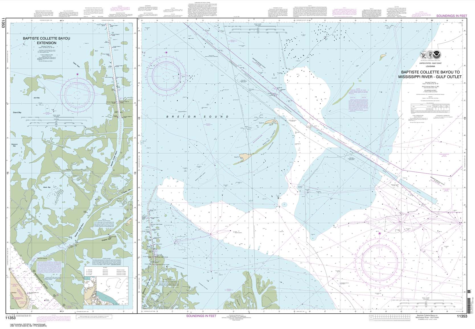 NOAA Chart 11353: Baptiste Collette Bayou to Mississippi River Gulf Outlet;Baptiste Collette Bayou Extension