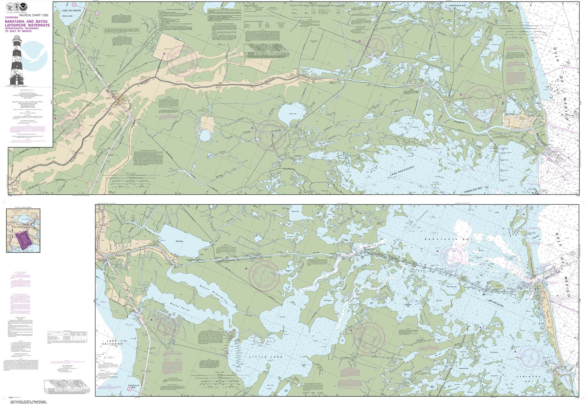 HISTORICAL NOAA Chart 11365: Barataria and Bayou Lafourche Waterways Intracoastal Waterway to Gulf of Mexico