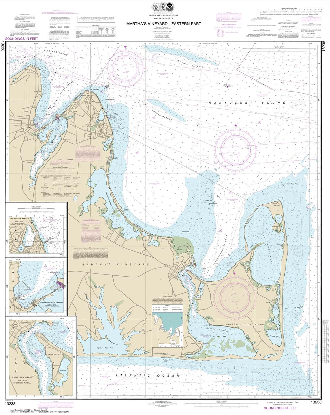 HISTORICAL NOAA Chart 13238: Martha's Vineyard Eastern Part;Oak Bluffs Harbor;Vineyard Haven Harbor;Edgartown Harbor