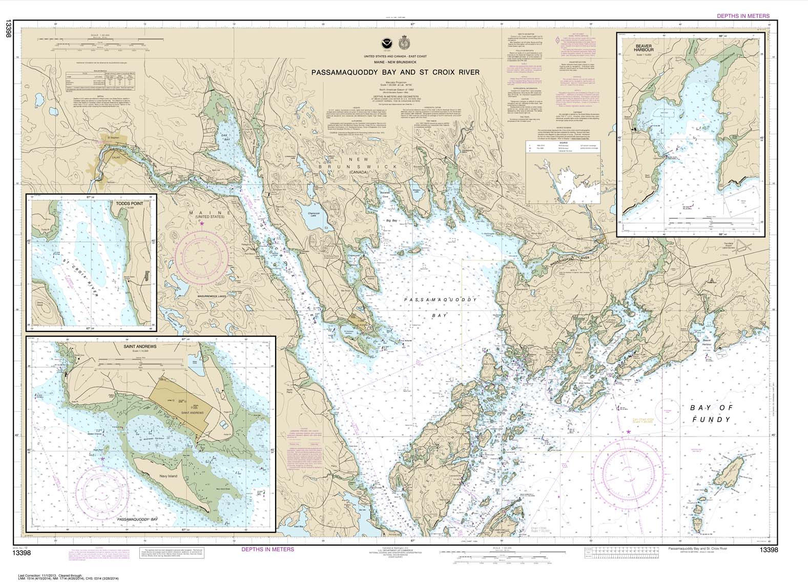 HISTORICAL NOAA Chart 13398: Passamaquoddy Bay and St. Croix River; Beaver Harbor; Saint Andrews; Todds Point