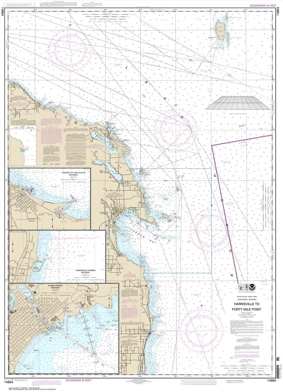 HISTORICAL NOAA Chart 14864: Harrisville to Forty Mile Point;Harrisville Harbor;Alpena;Rogers City and Calcite