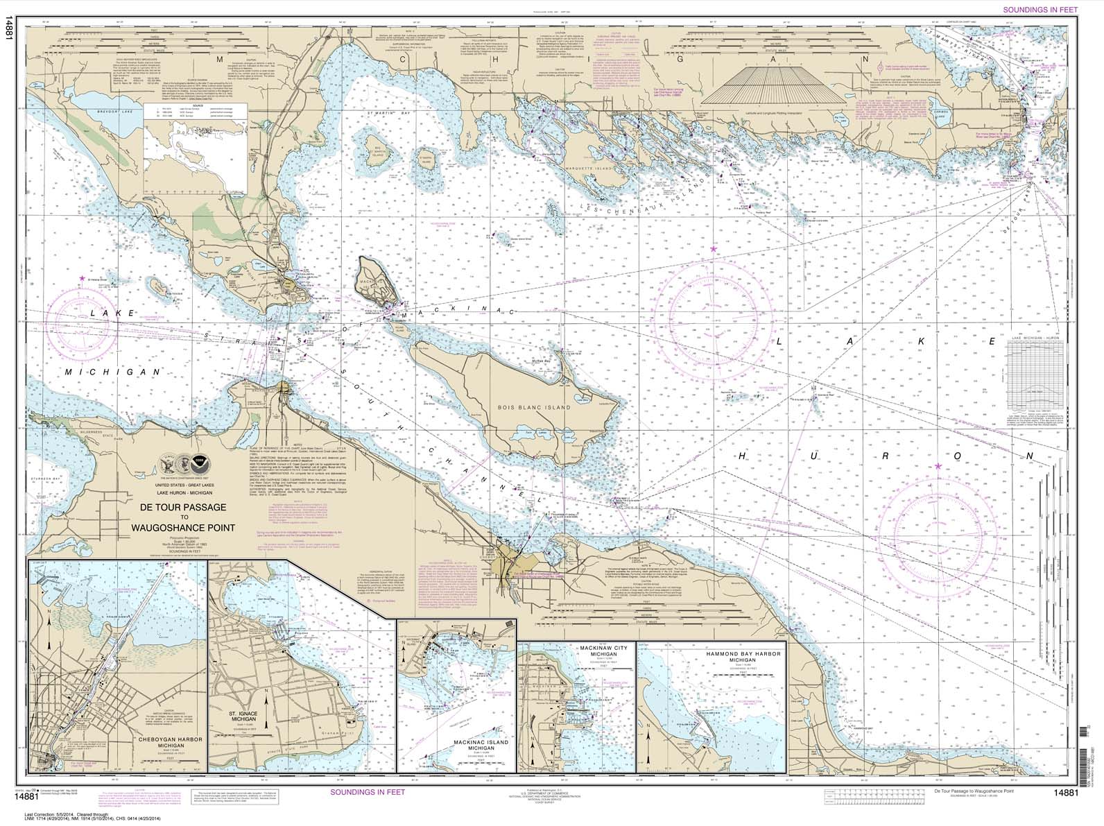 HISTORICAL NOAA Chart 14881: Detour Passage to Waugoshance Pt.;Hammond Bay Harbor;Mackinac Island;Cheboygan;Mackinaw City;St. lgnace