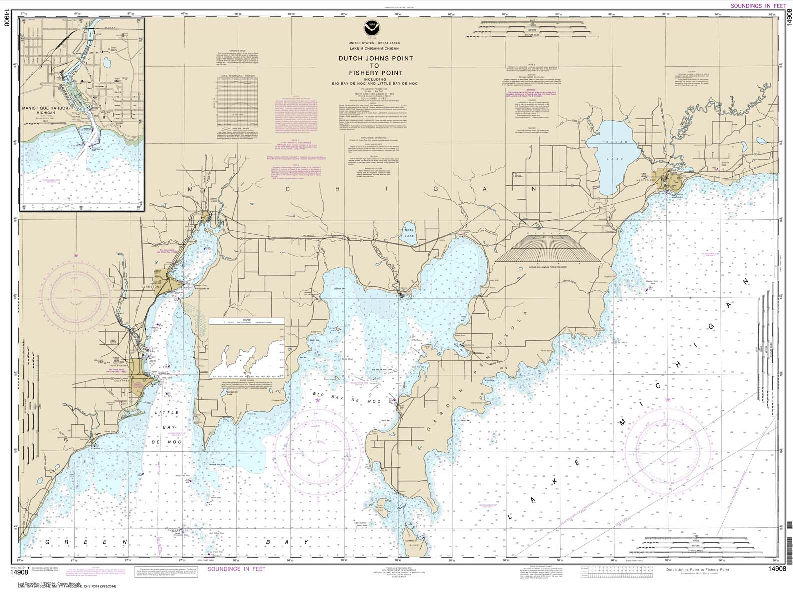 HISTORICAL NOAA Chart 14908: Dutch Johns Point to Fishery Point: including Big Bay de Noc and Little Bay de Noc;Manistique