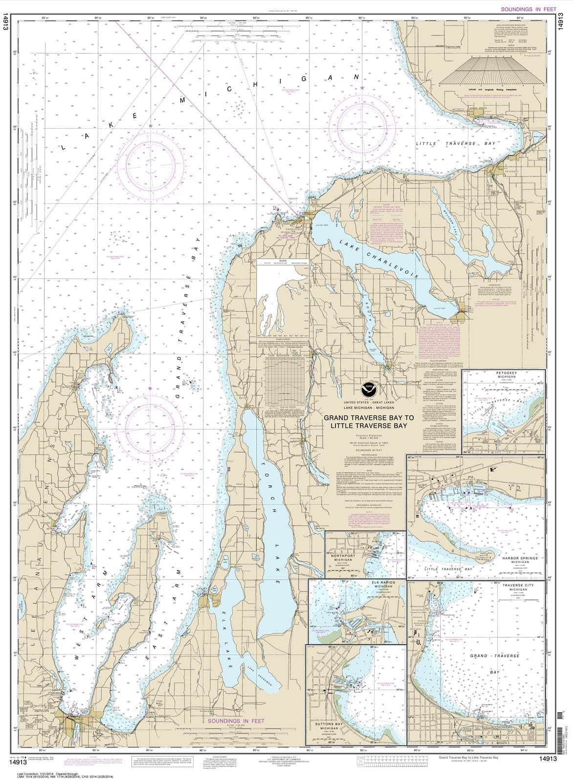 HISTORICAL NOAA Chart 14913: Grand Traverse Bay to Little Traverse Bay;Harobr Springs;Petoskey;Elk Rapids;Suttons Bay;Northport;Traverse City