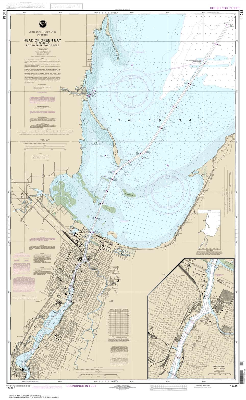 HISTORICAL NOAA Chart 14918: Head of Green Bay: including Fox River below De Pere;Green Bay