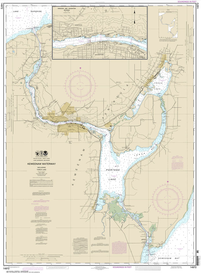HISTORICAL NOAA Chart 14972: Keweenaw Waterway: including Torch Lake;Hancock and Houghton