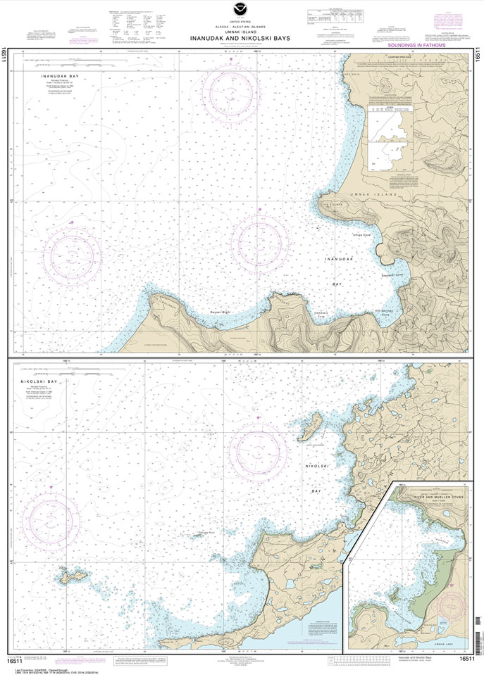 HISTORICAL NOAA Chart 16511: Inanudak Bay and Nikolski Bay: Umnak l.;River and Mueller Coves