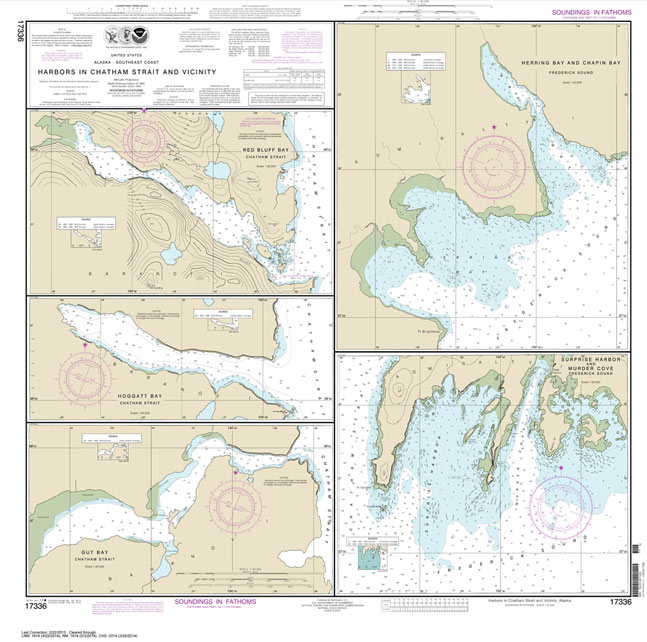HISTORICAL NOAA Chart 17336: Harbors in Chatham Strait and vicinity Gut Bay: Chatham Strait;Hoggatt Bay: Chatham Strait;Red Bluff Bay: Chatham Strait;Herring Bay and hapin Bay: Frederick Sound;Surprise Hbr: and Murder Cove: Frederick Sound
