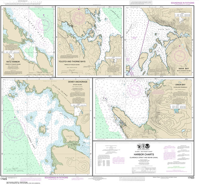 HISTORICAL NOAA Chart 17423: Harbor Charts-Clarence Strait and Behm Canal Dewey Anchorage: Etolin Island;Ratz Harbor: Prince of Wales Island;Naha Bay: Revillagigedo Island;Tolstoi and Thorne Bays: Prince of Wales ls.;Union Bay: Cleveland Peninsula