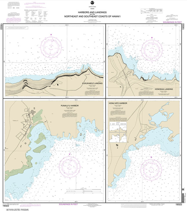 HISTORICAL NOAA Chart 19322: Harbors and Landings on the Northeast and Southeast Coasts of Hawai'i;Punalu'u Harbor;Honu'apo Bay;Honokaa Landing;Kukuihaele Landing