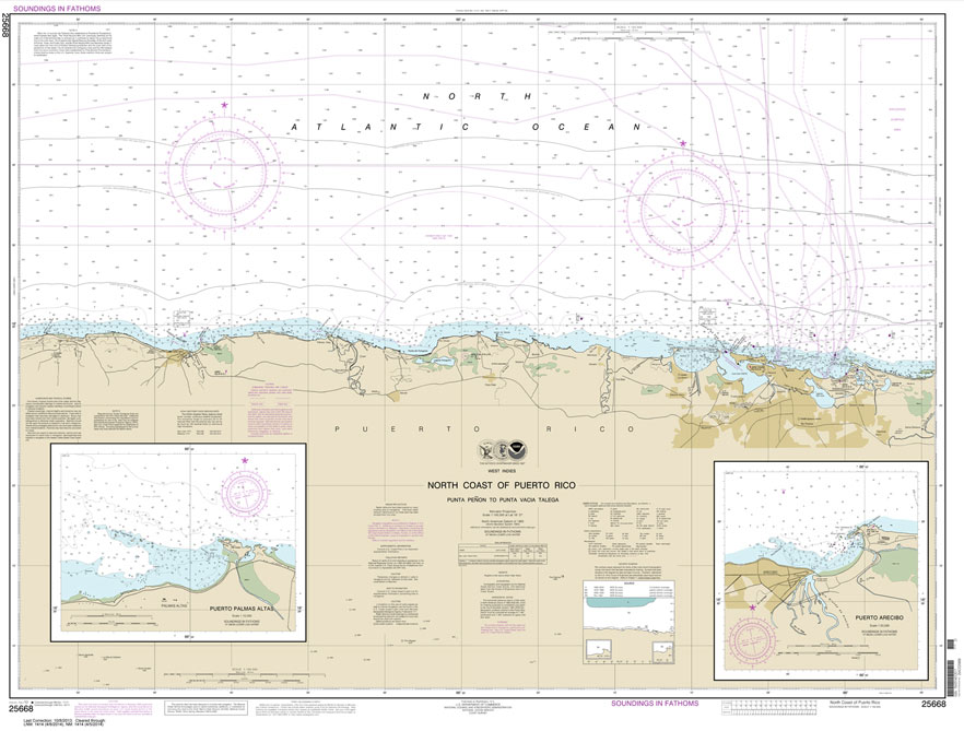 HISTORICAL NOAA Chart 25668: North Coast of Puerto Rico Punta Penon to Punta Vacia Talega;Puerto Arecibo;Puerto Palmas Altas