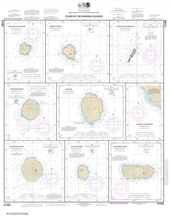 HISTORICAL NOAA Chart 81086: Plans in the Mariana Islands; Faraloon de Pajaros; Sarigan Island; Farallon de Medinilla; Ascuncion Island; Agrihan; Agrihan Anchorge; Alamagan Island; Guguan; Anatahan