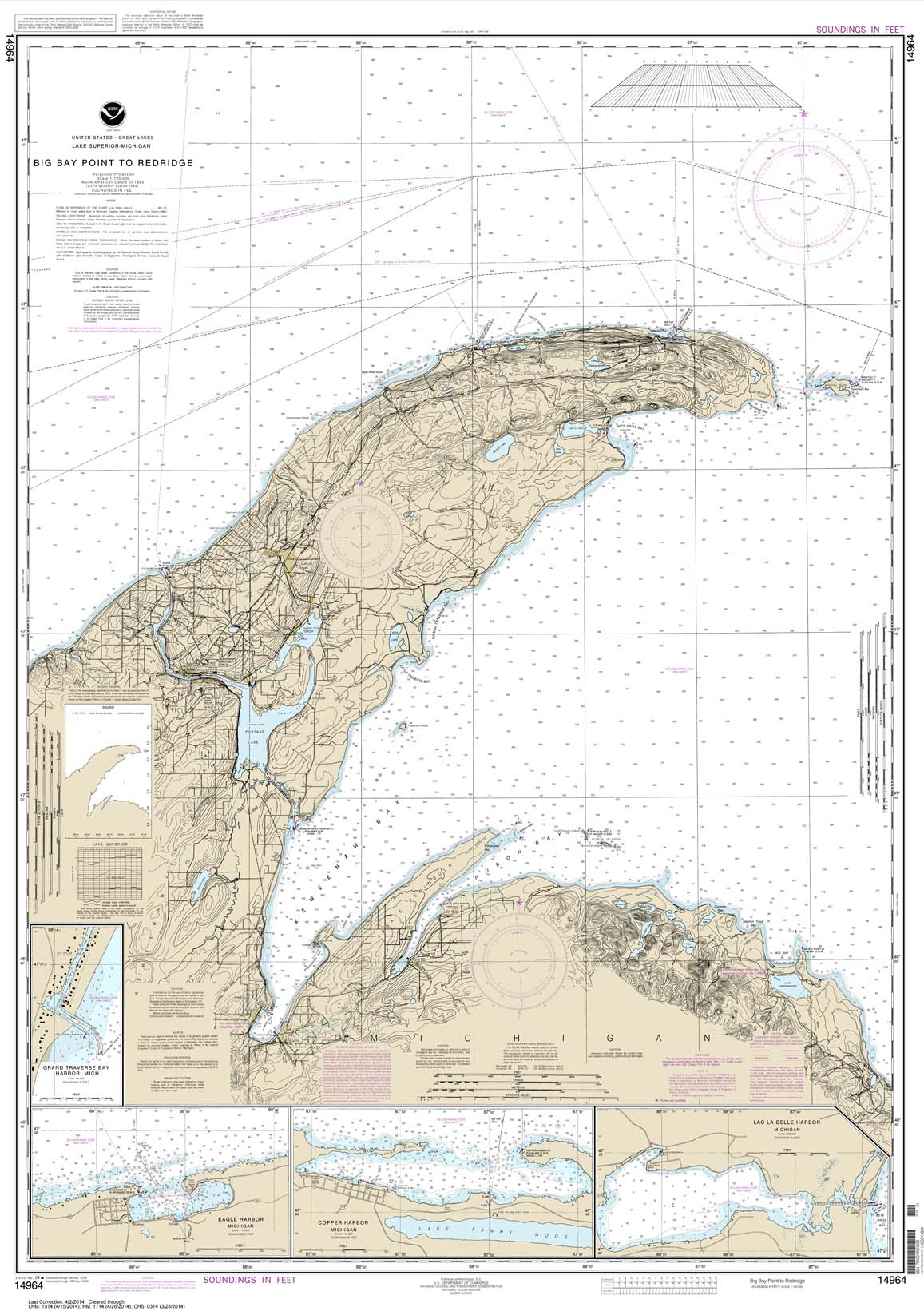 HISTORICAL NOAA Chart 14964: Big Bay Point to Redridge;Grand Traverse Bay Harbor;Lac La Belle harbor;Copper and Eagle Harbors