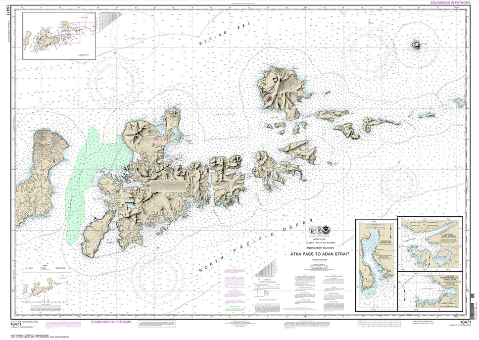 HISTORICAL NOAA Chart 16471: Atka Pass to Adak Strait;Three Arm Bay: Adak Island;Kanaga Bay: Kanaga Island;Chapel Roads and Chapel Cove: Adak Island