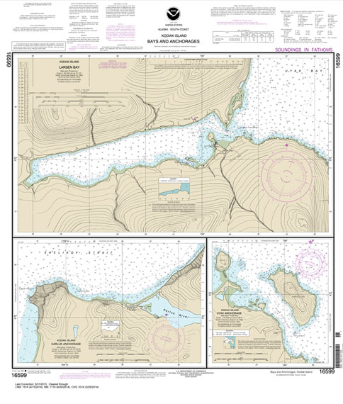 HISTORICAL NOAA Chart 16599: Bays and Anchorages: Kodiak Island Karluk Anchorage;Larsen Bay;Uyak Anchorage